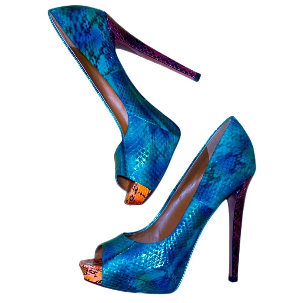 👠 Boutique 9 Blue and Brown Snake Print Classic Peep Toe Heels Size 9 - Picture 8 of 13